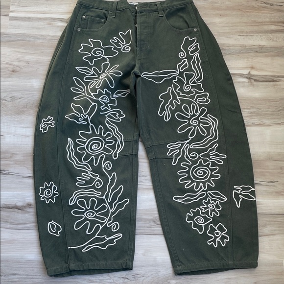 We The Free Denim - We The Free Southache Good Luck Green Embroidered Barrel jeans